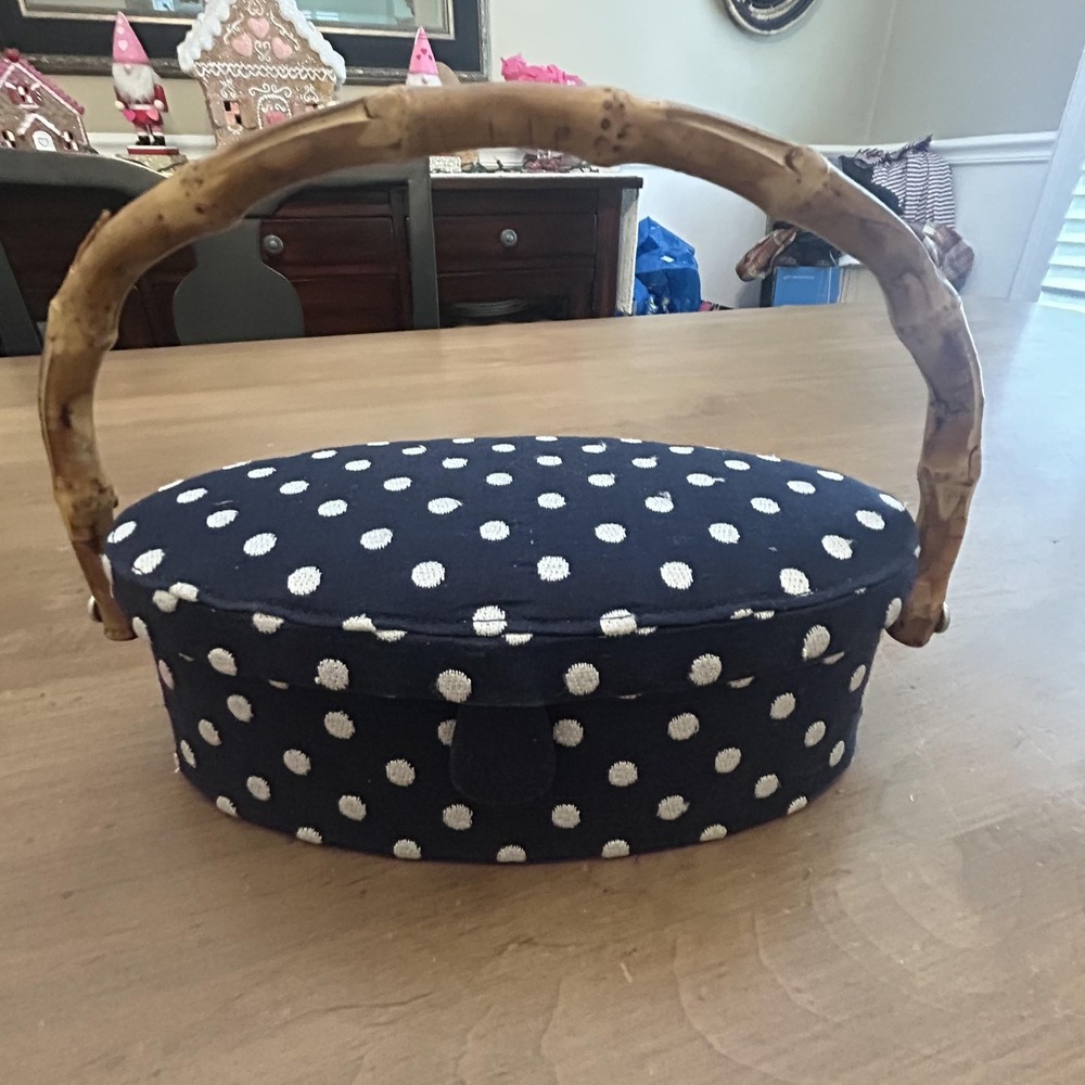 Blue Polka Dot Oval Basket Bamboo Wood Handle Purse Craft Organizer Storage